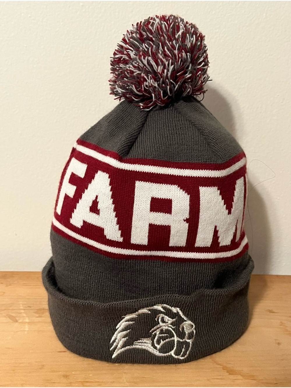 University of Maine Farmington Pom Pom  Knit Beanie - Gray & Maroon